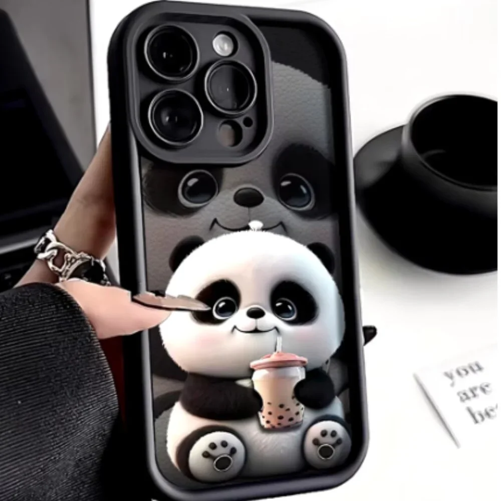 Panda Soft TPU Case for iPhone 16/Plus/Pro/ProMax Funda Black Brown Pink apple
